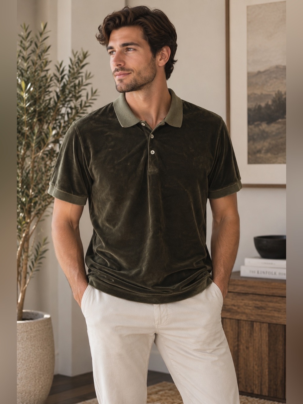 Vintage Y2K Juicy Couture Men’s Olive Green Velvet Velour Polo Grunge Shirt